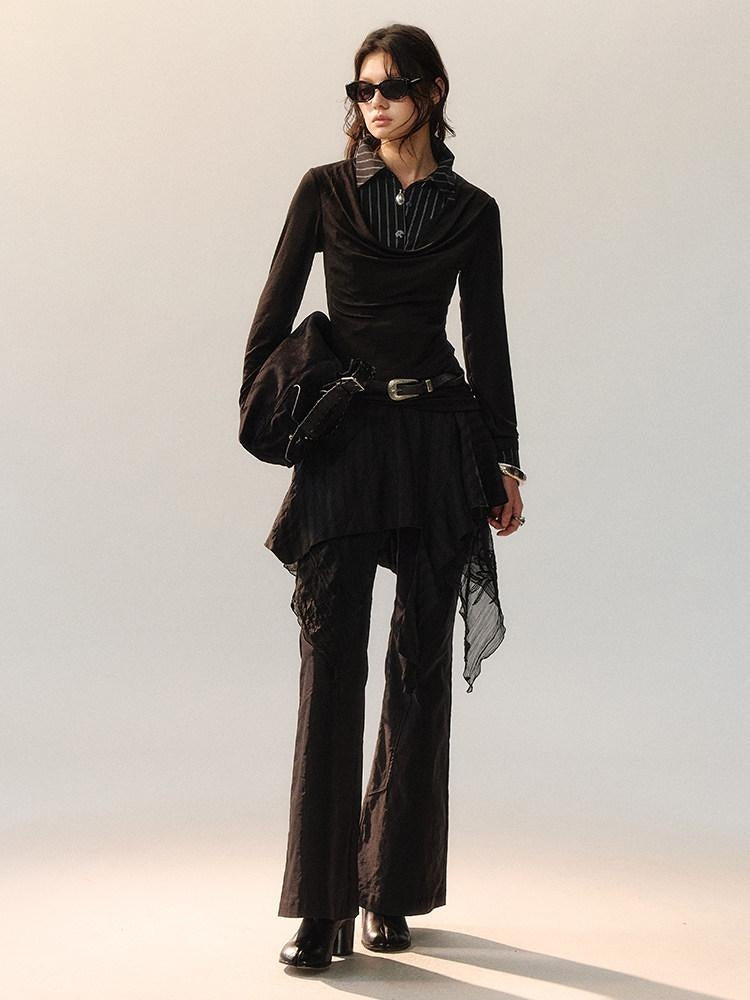 AnnoMundi Stretch Cotton Blend Slim Casual Natural Waist Women Black Straight Pants