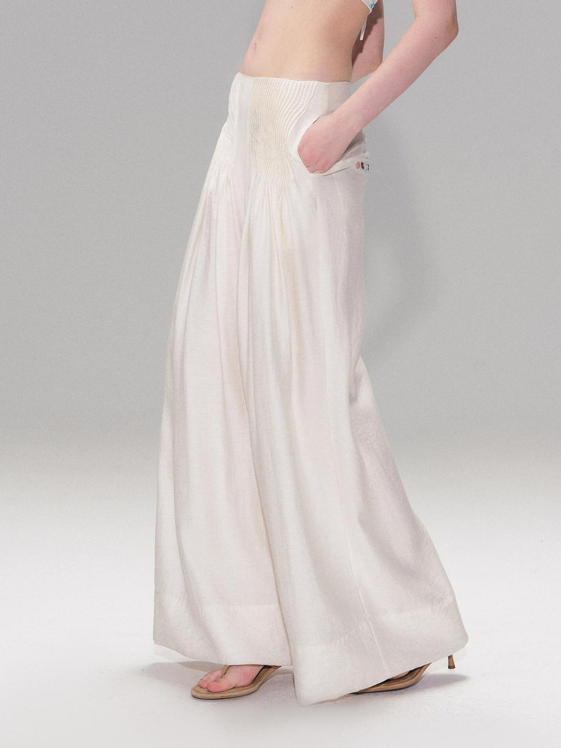 The NeverMore Lightweight Linen Blend Pleated Mid Waist Casual Women Off White Wide Leg Pants