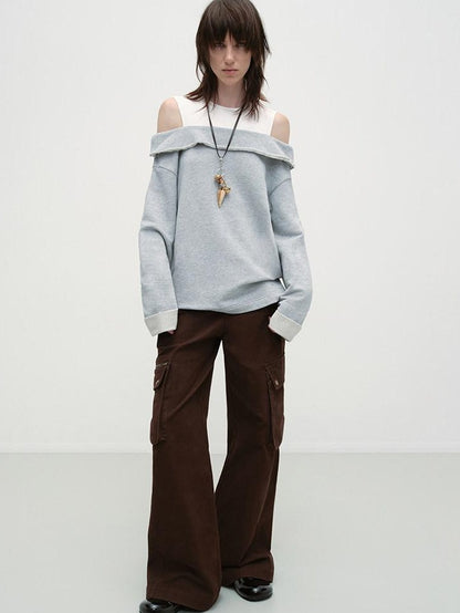 RUN TO THE FUTURE Gray White Patchwork Layered Loose Crewneck Commuter Women Pullover Sweatshirts