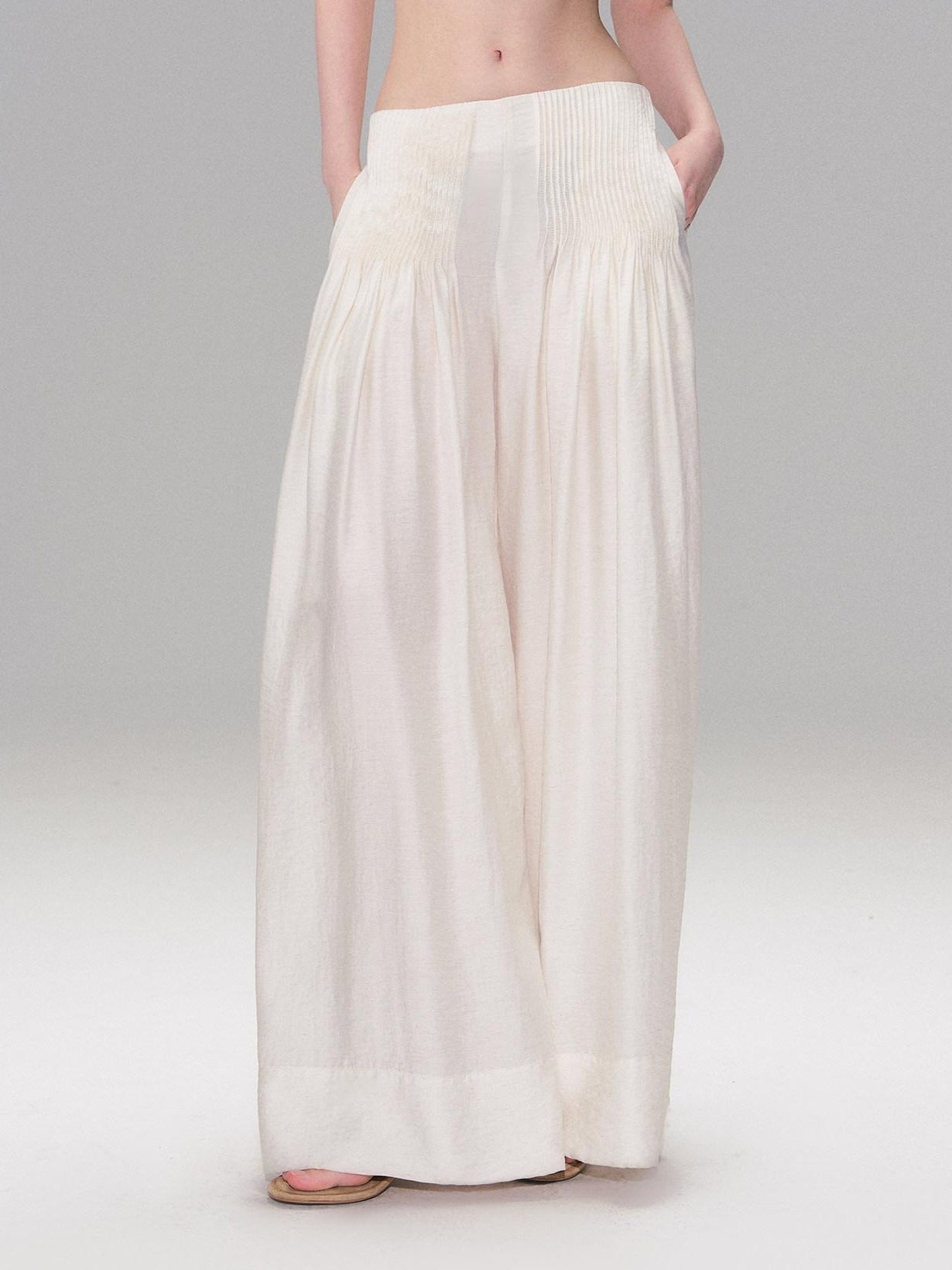 The NeverMore Lightweight Linen Blend Pleated Mid Waist Casual Women Off White Wide Leg Pants