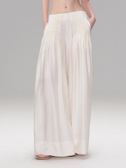 The NeverMore Lightweight Linen Blend Pleated Mid Waist Casual Women Off White Wide Leg Pants