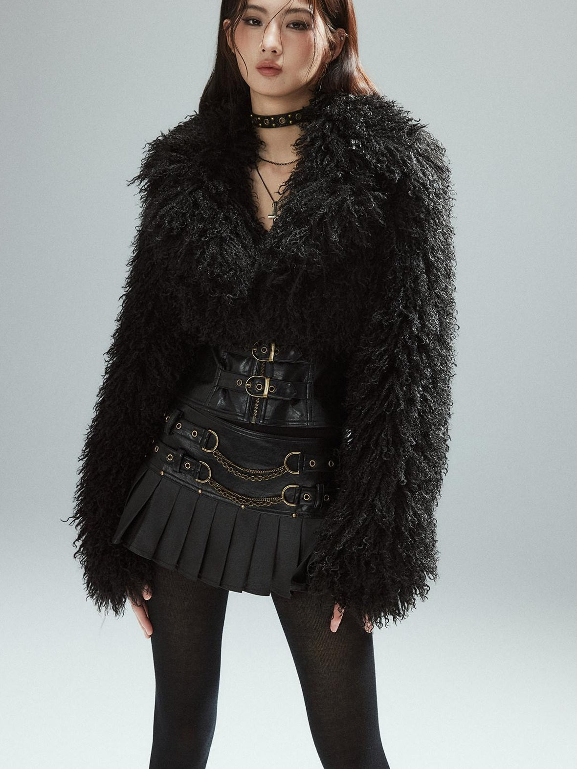 Low pixel Low Waist Pleated A Line Street Patchwork Chain Zipper Lined Black Mini Skirts