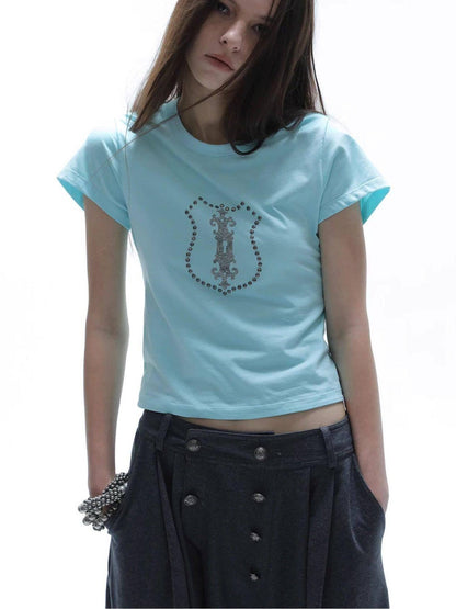DoublePunch Cropped Hotfix Rhinestone Slim Fit Vintage Women&