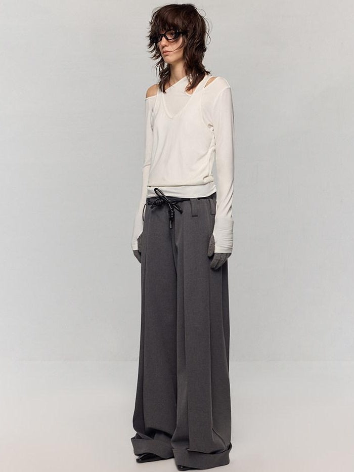 RUN TO THE FUTURE Minimalist Original Tie Detail Low Rise Zipper Women Rock Gray Wide-Leg Pants