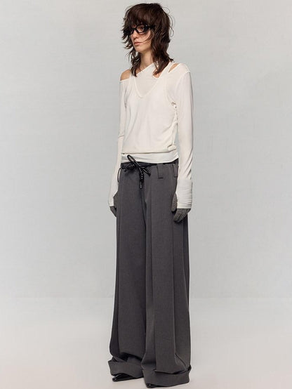 RUN TO THE FUTURE Minimalist Original Tie Detail Low Rise Zipper Women Rock Gray Wide-Leg Pants
