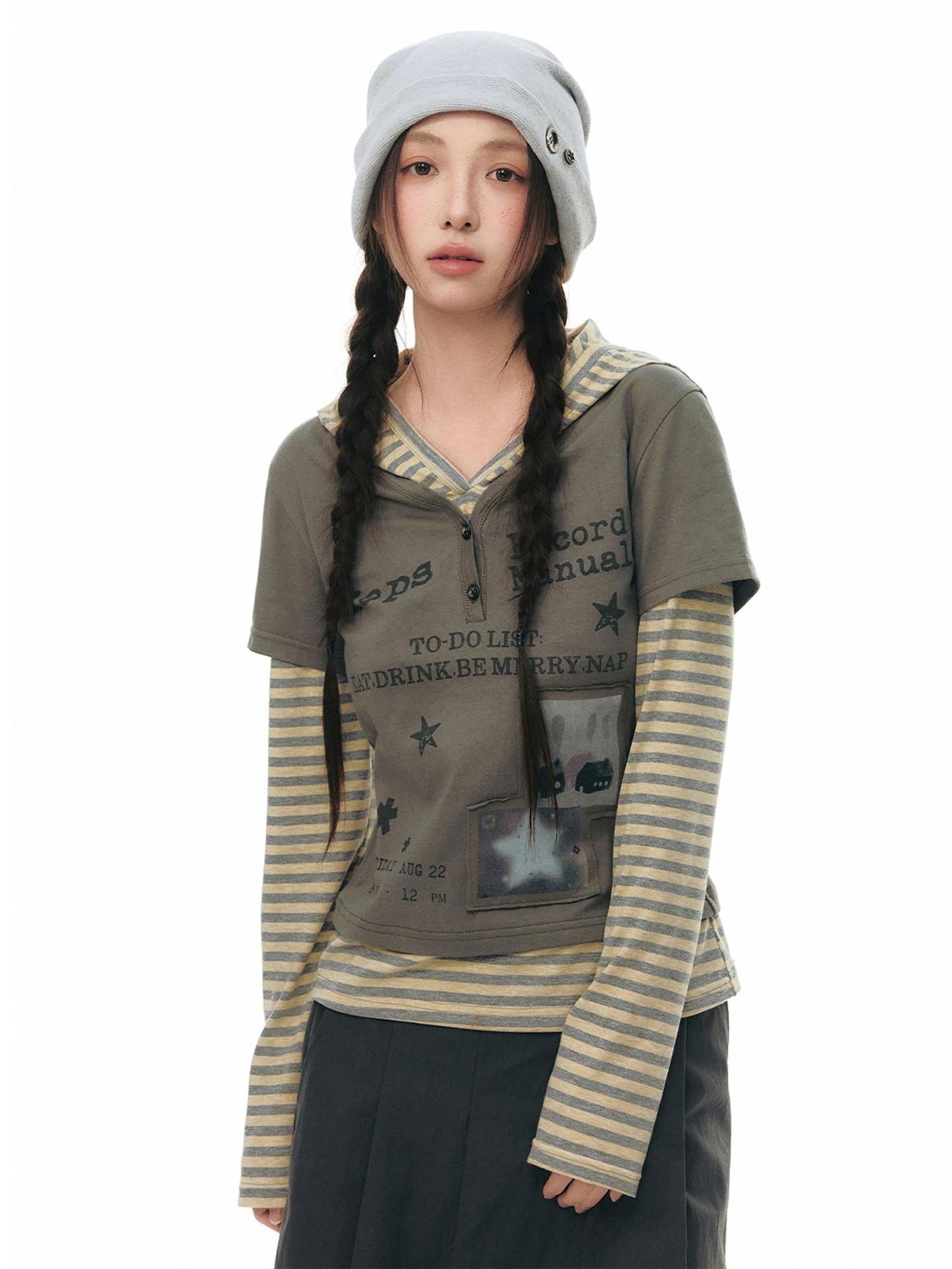 NAPSNAPS Striped Patchwork Letter Print Hooded Women&