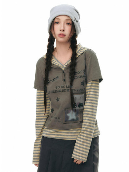 NAPSNAPS Striped Patchwork Letter Print Hooded Women&