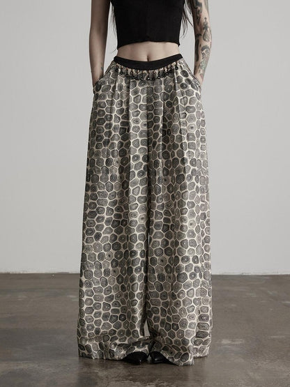 INDULGE Durable Viscose Blend Vintage Patchwork Abstract Pockets Women Wide-Leg Pants
