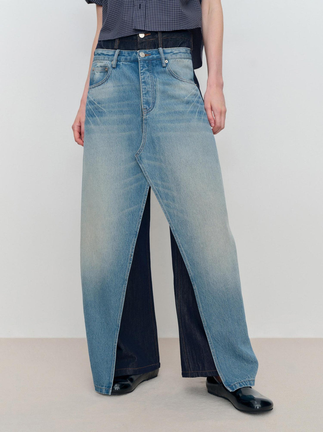 RUN TO THE FUTURE Durable Washed Denim Casual Loose Natural Waist Zipper Fly Blue Wide-Leg Jeans