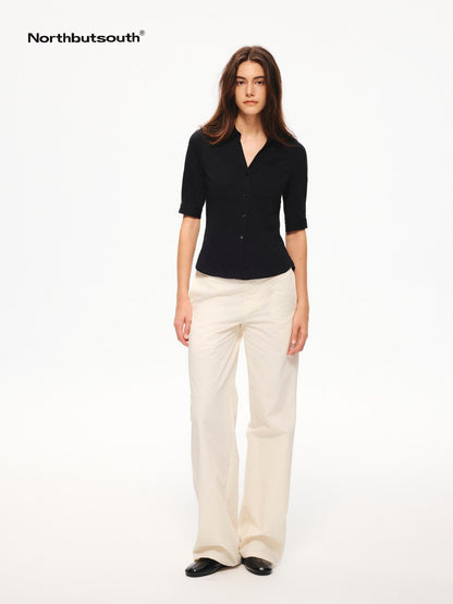 Northbutsouth Snowflake Texture Lightweight Slim Fit V-neck Mid Sleeve Women&