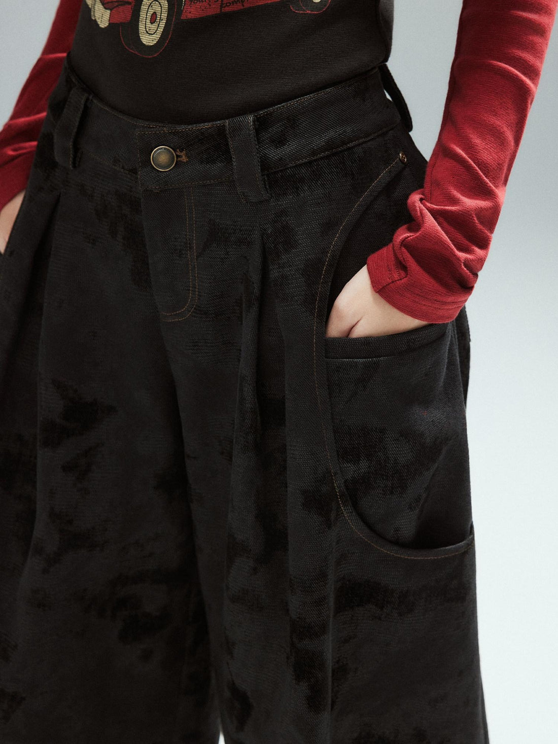 Low pixel Black Cotton Flocked Low Rise Loose Street Women Zip Fly Wide Leg Jeans