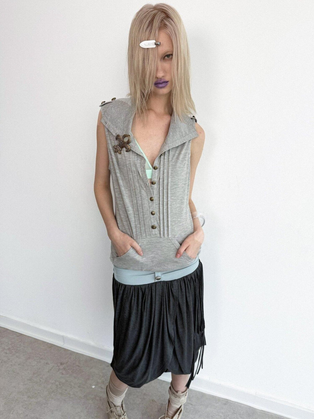 DoublePunch Metal Button Epaulet Convertible Half High Neck Women&