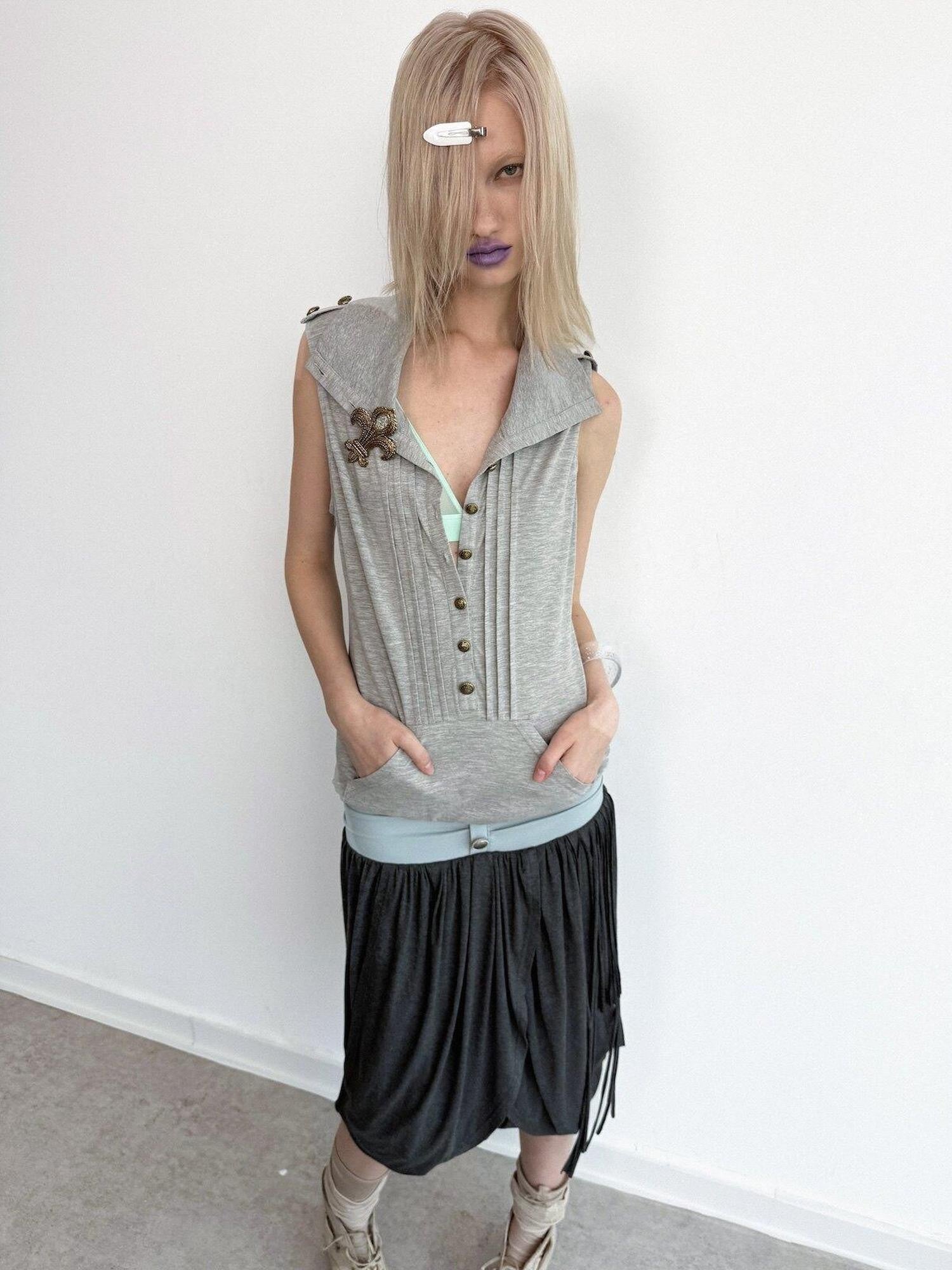 DoublePunch Metal Button Epaulet Convertible Half High Neck Women&