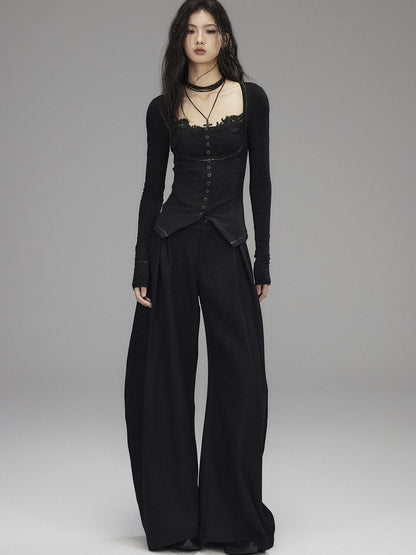 Low pixel Slim Fit Gothic V-neck Paneled Knit Black Womens Everyday Long Sleeve Crop Tops
