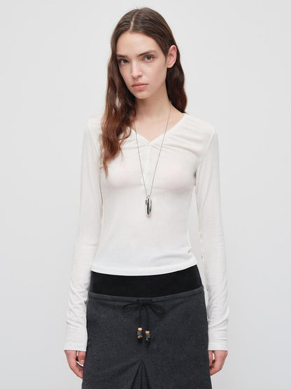RUN TO THE FUTURE Breathable Lyocell Slim V-neck Button Detail Women Casual Long Sleeve T-Shirts