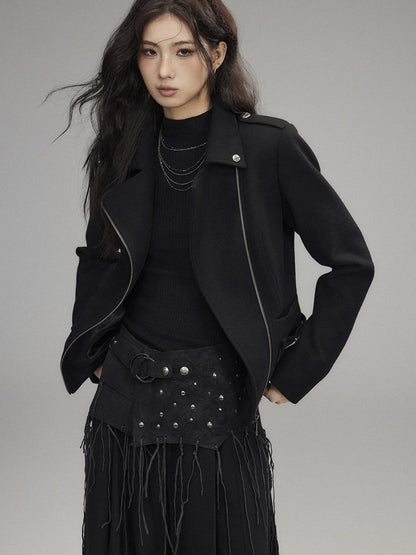 Low pixel Wool Blend Thick Slim Fit Street Euro Zip Front Black Cropped Jackets
