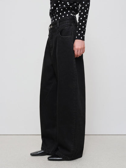 RUN TO THE FUTURE Distressed Washed Black Relaxed Fit Button Fly Mid Low Rise Women Wide-Leg Jeans