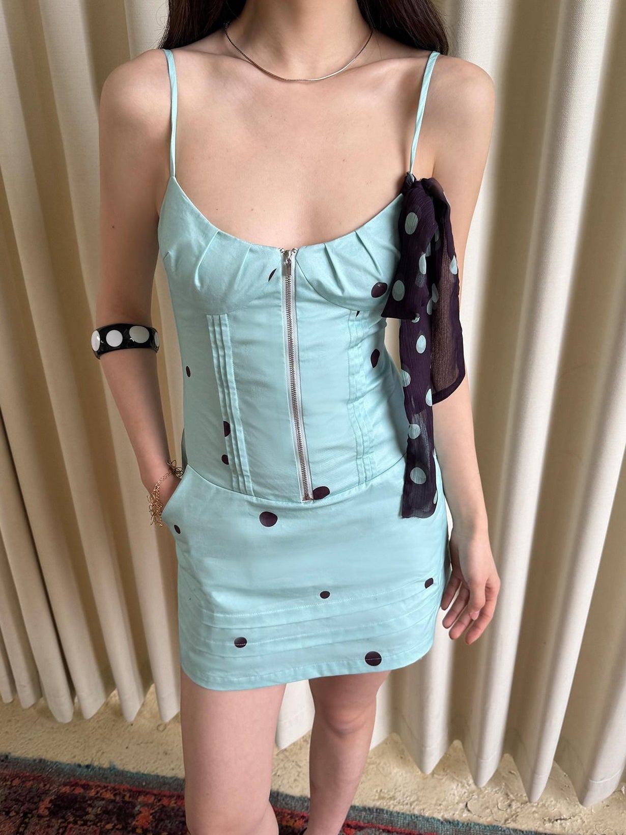The NeverMore Colorblock Sleeveless Cinched Waist Slim A Line Cotton City Mini Dresses
