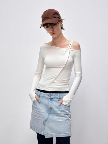 RUN TO THE FUTURE Quick Dry Modal Slim Asymmetric Neckline Cream Cropped Long Sleeve T-Shirts