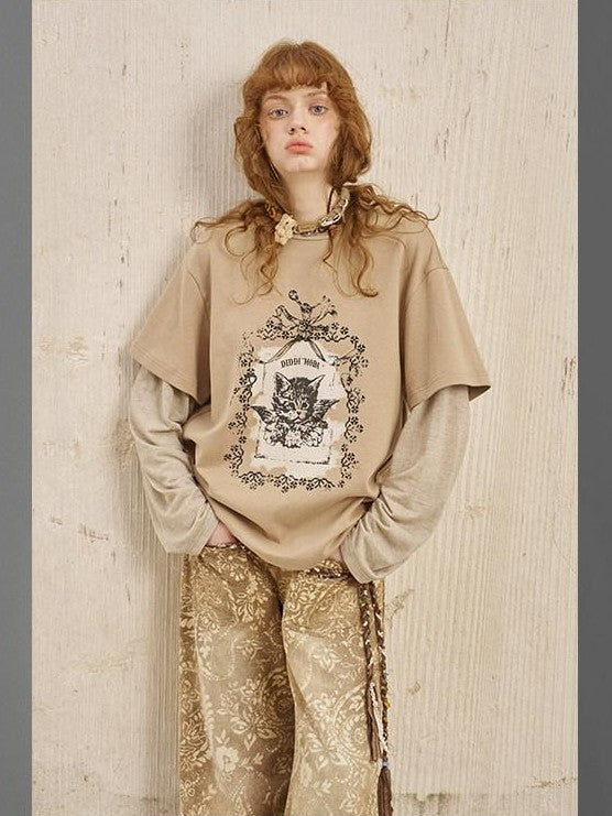 DIDDI MODA Angel Kitten Print Faux Layered Loose Women&