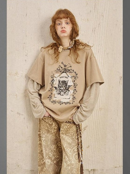 DIDDI MODA Angel Kitten Print Faux Layered Loose Women&