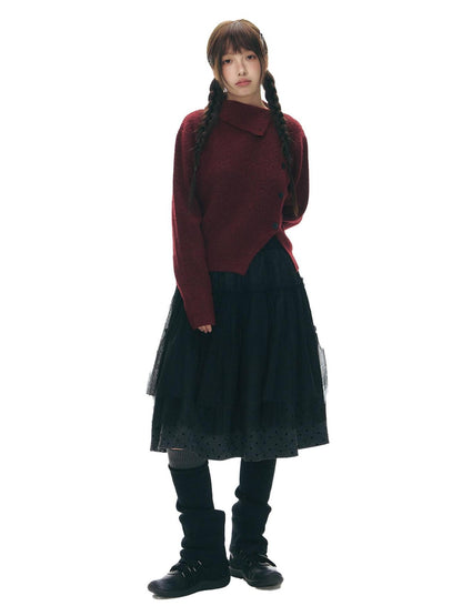 NAPSNAPS Rust Red Asymmetrical Placket Knit Mock Neck Women&