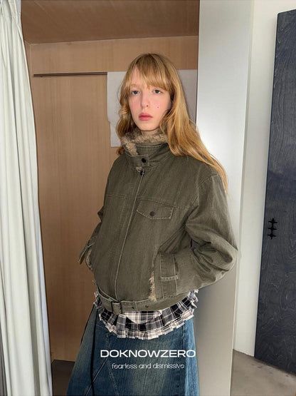 DKZ OFFICIAL Olive Green Fur Collar Washed Vintage Women&