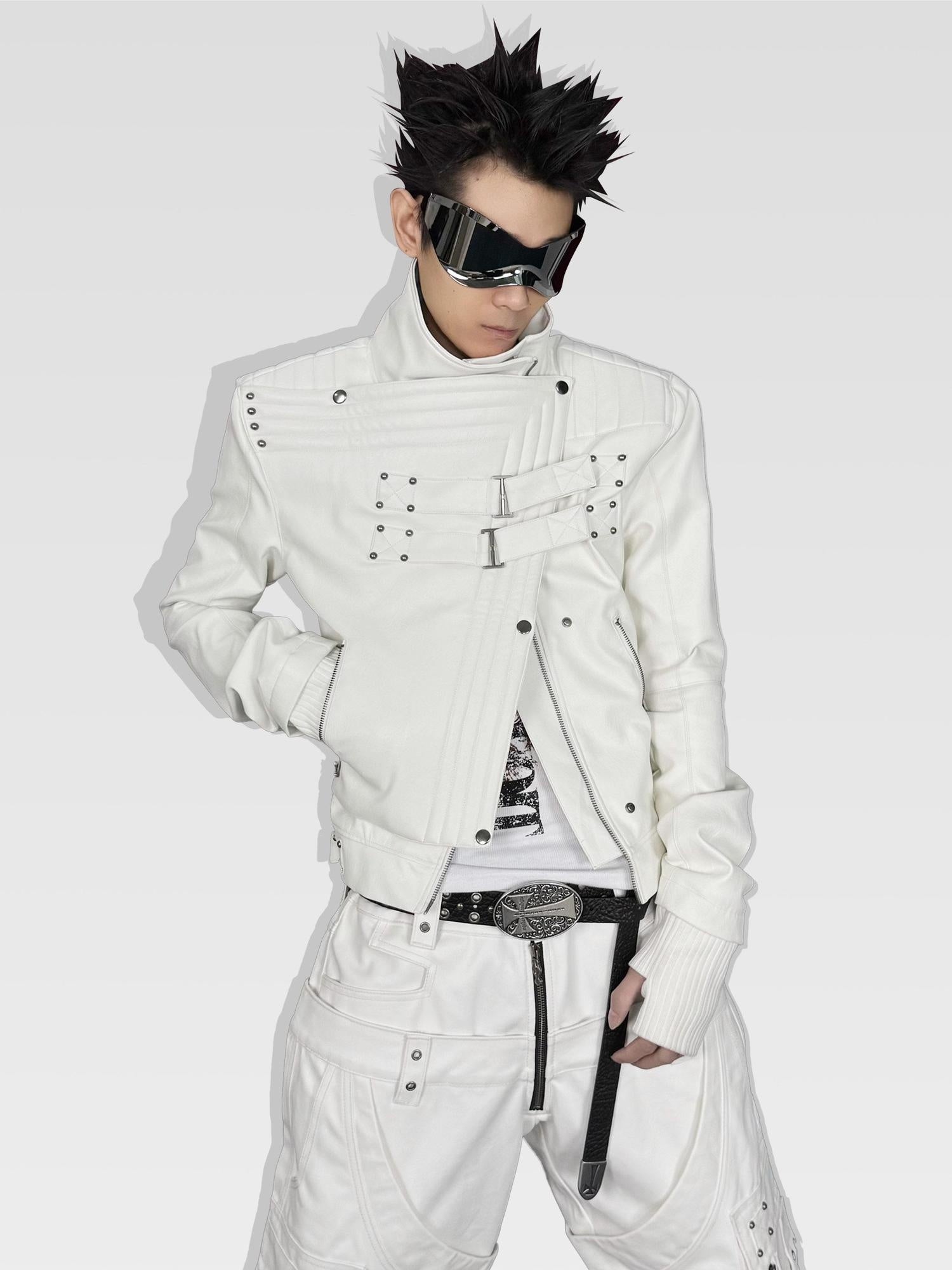 ATAnothingness Windproof Pu Cropped Zip Long Sleeve Silver Moon White Leather Jackets
