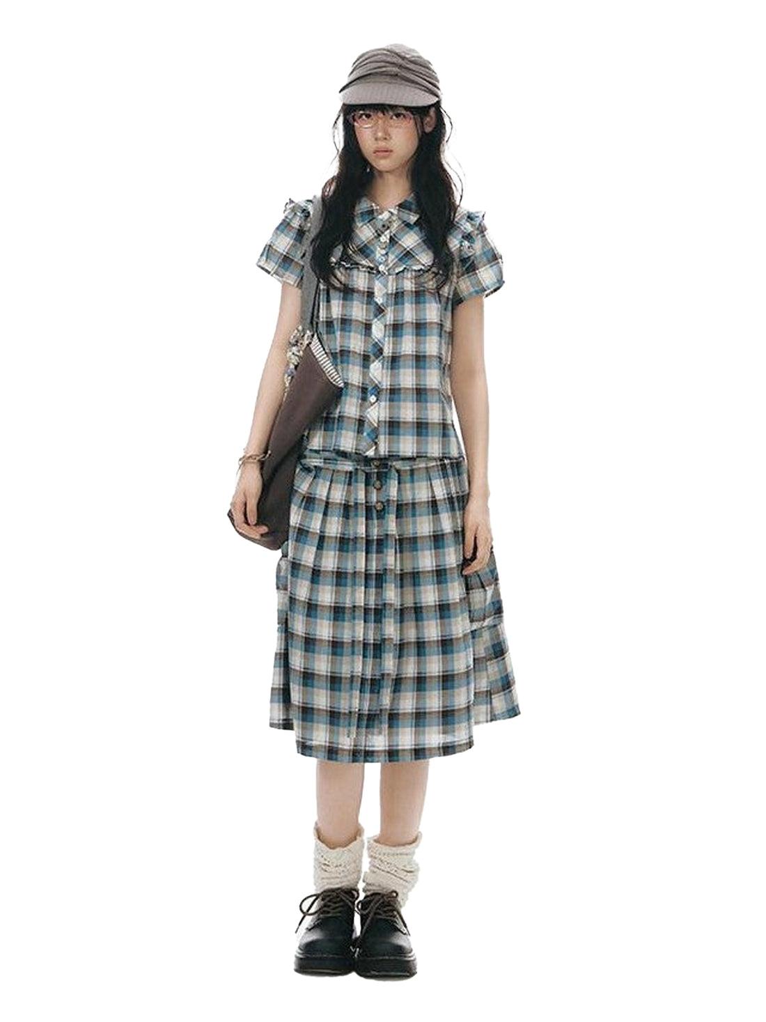 NAPSNAPS Blue Plaid Ruffle Puff Sleeve Button Tie Women&
