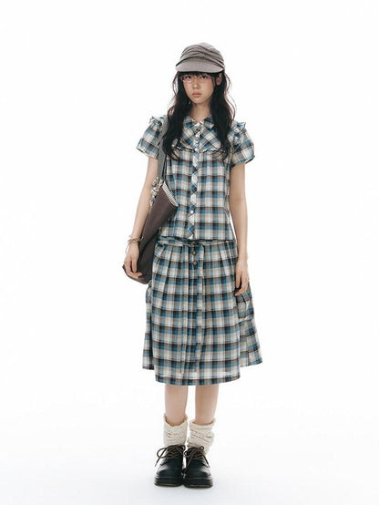 NAPSNAPS Blue Plaid Ruffle Puff Sleeve Button Tie Women&