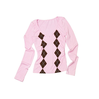 The NeverMore Plaid V-neck Slim Two Piece Sexy Acrylic Short Set Long Sleeve Crop Tops