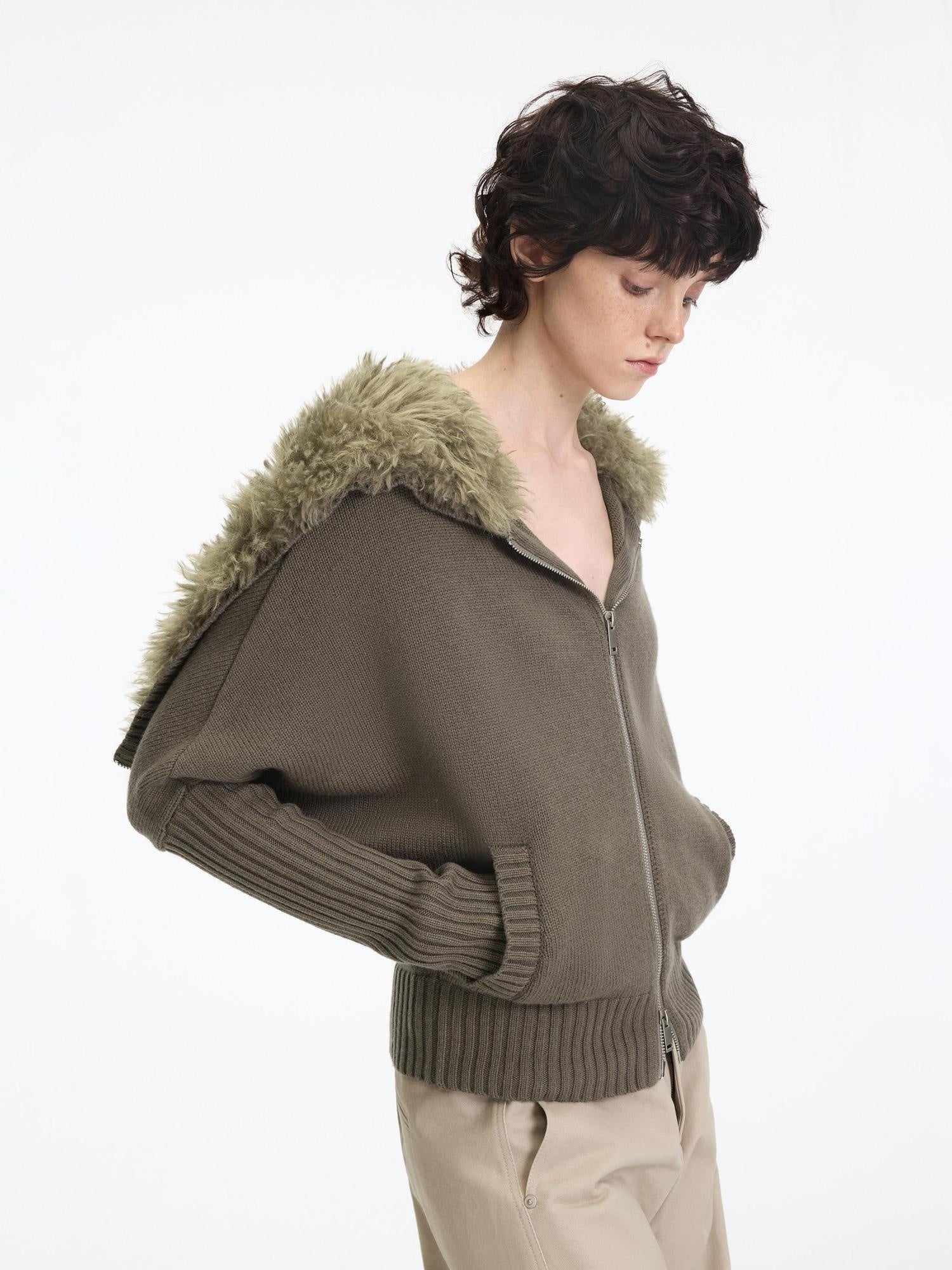 RUN TO THE FUTURE Soft Wool Blend Hooded Patchwork Vintage Loose Fit Zipper Knit Cardigans