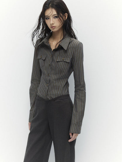Low pixel Breathable Cotton Vintage Fitted Striped Button Long Sleeve Women Shirts