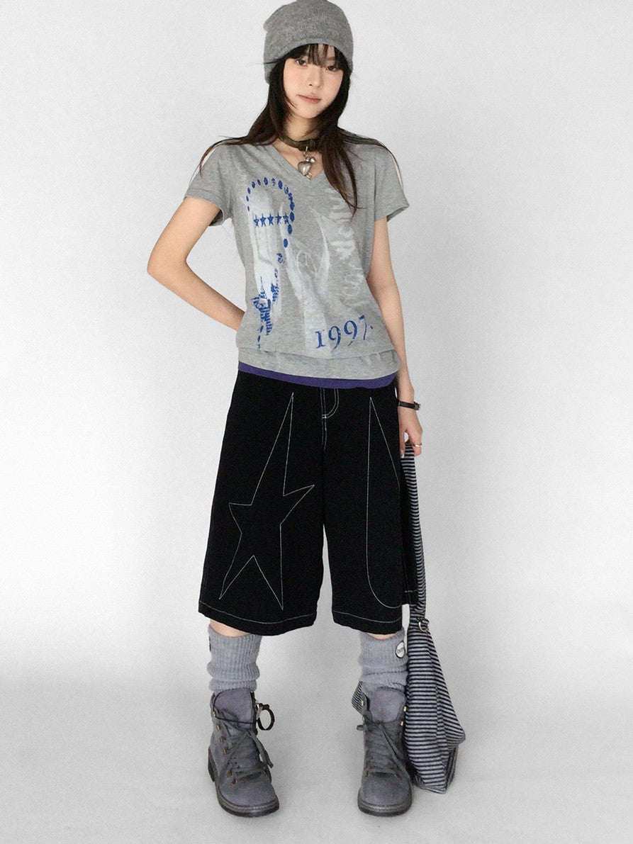 innomoood Heather Distressed Print Colorblock V-neck Women&