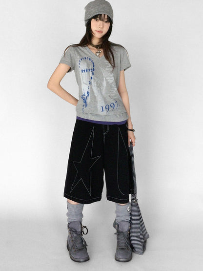 innomoood Heather Distressed Print Colorblock V-neck Women&