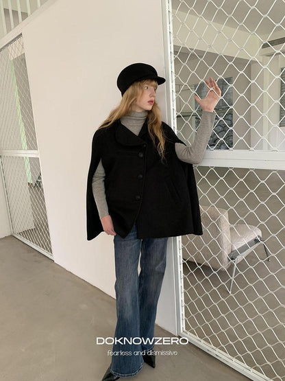 DKZ OFFICIAL Black Bud Collar Cape Double Breasted Women&