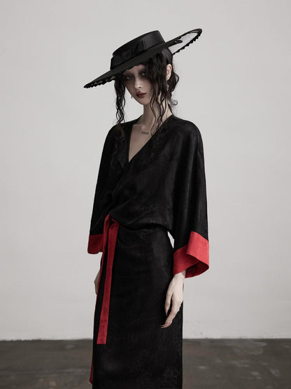 INDULGE Gothic V-neck Viscose Flared Loose Casual Womens Black Trench Coats