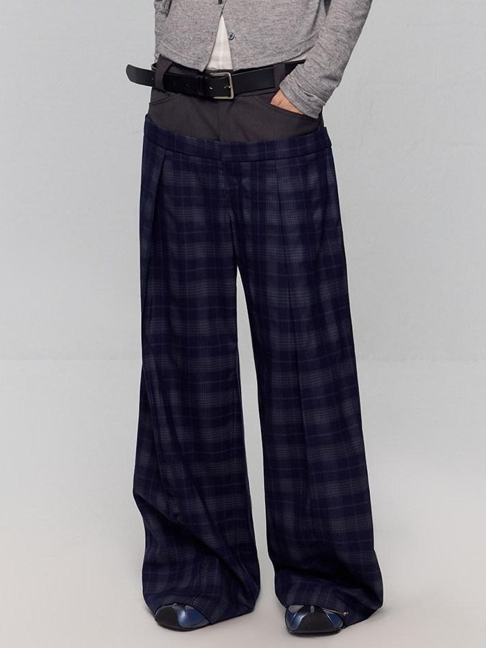 RUN TO THE FUTURE Original Double Waist Pockets Low Rise Wide Leg Women Blue Grey Plaid Chinos