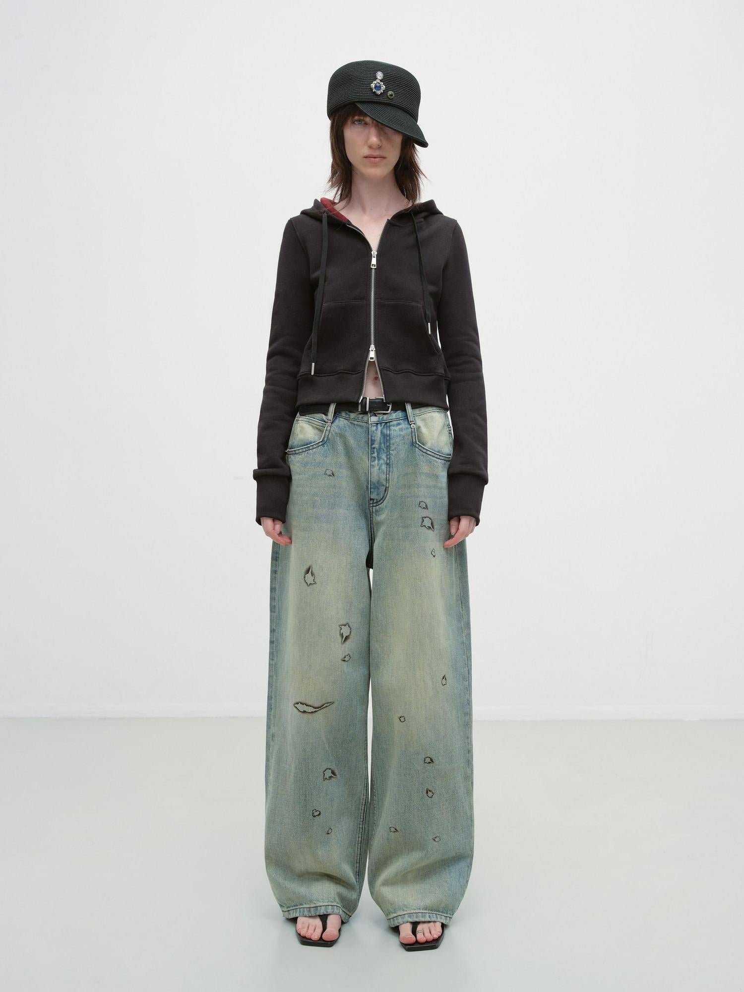 RUN TO THE FUTURE Durable Washed Low Rise Asymmetrical Vintage Unisex Printed Denim Wide-Leg Jeans