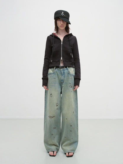 RUN TO THE FUTURE Durable Washed Low Rise Asymmetrical Vintage Unisex Printed Denim Wide-Leg Jeans