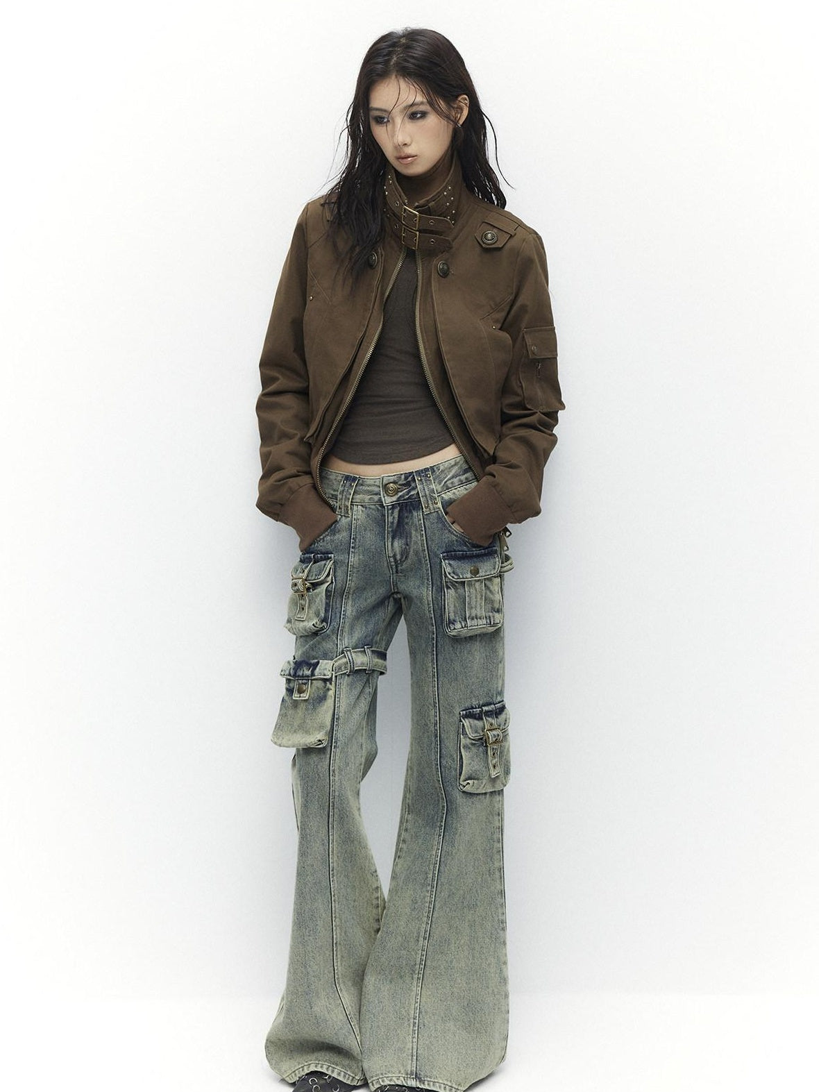 Low pixel Slim Waist Dark Gothic Cotton Zip Stand Collar Long Sleeve Women Cropped Jackets
