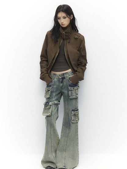 Low pixel Slim Waist Dark Gothic Cotton Zip Stand Collar Long Sleeve Women Cropped Jackets