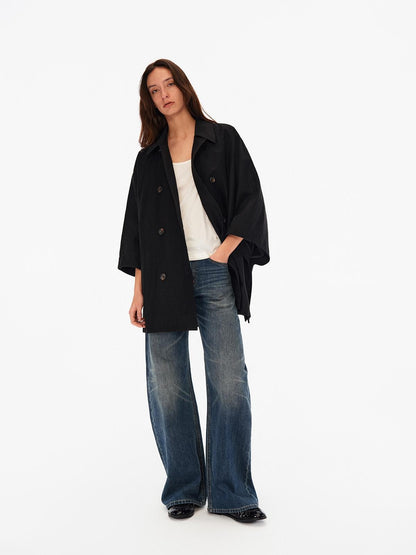 Northbutsouth Light Sheen Crinkle Double Breasted Batwing Women&
