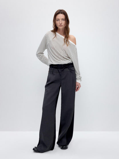 RUN TO THE FUTURE Double Waist Low Rise Pocketed Zipper Fly Women Black Gray Straight Pants