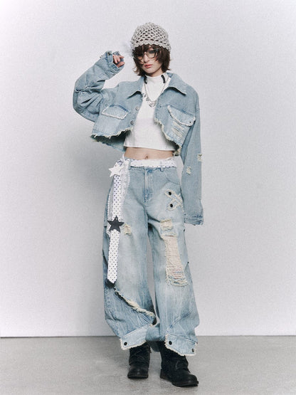 Frustration Garden Light Blue Washed Distressed Ripped Frayed Hem Women&