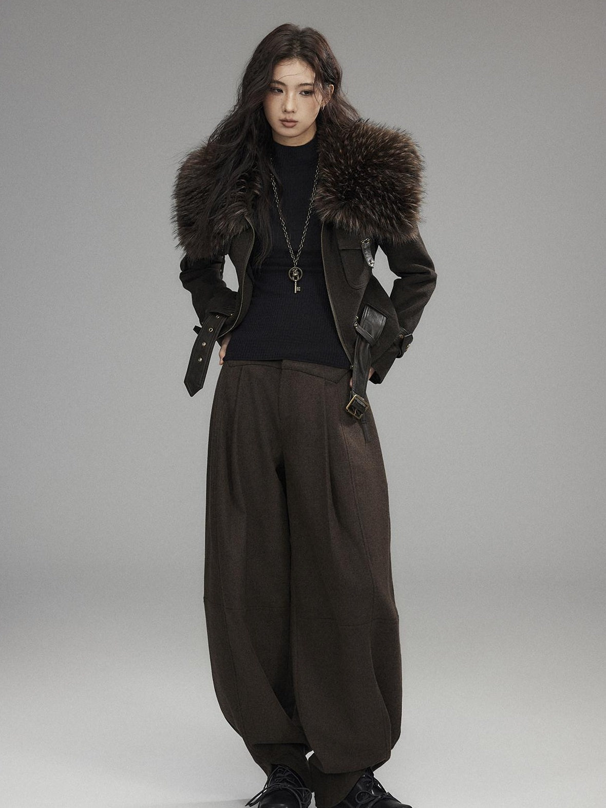 Low pixel Thick Wool Blend Slim Fit Sexy Lapel Zipper Brown Everyday Women Cropped Jackets