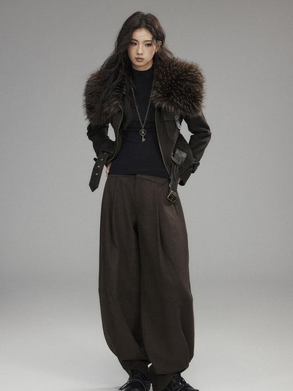 Low pixel Thick Wool Blend Slim Fit Sexy Lapel Zipper Brown Everyday Women Cropped Jackets