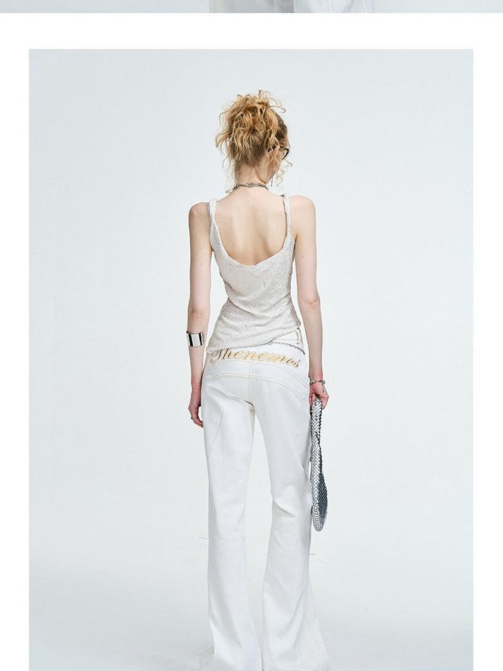 The NeverMore Original Chain Ruching 3D Buttons Slim Fit Cotton Blend Women White Tank Tops