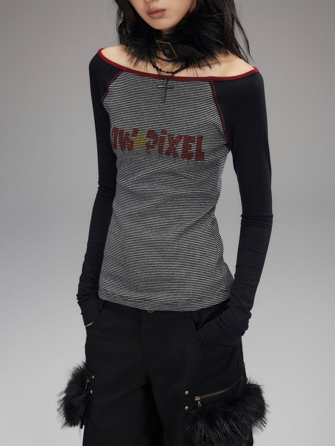 Low pixel Casual Slim Fit Longsleeve Striped Cotton Knit For Her Off Shoulder Crop Tops