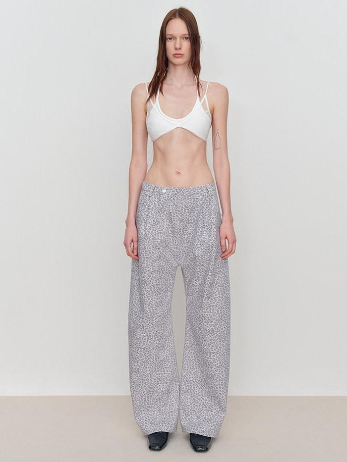 RUN TO THE FUTURE Leopard Print Asymmetric Zip Low Waist Blade Cut Women Wide-Leg Pants